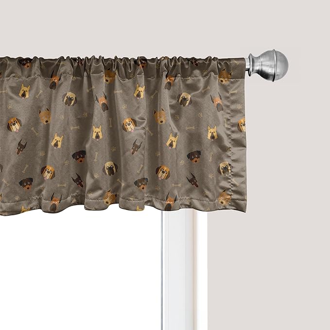 Ambesonne Dog Lover Window Valance, Repetitive Pattern of Pet Heads Paw Prints and Bones, Curtain Valance for Kitchen Bedroom Decor with Rod Pocket, 42" x 18", Taupe