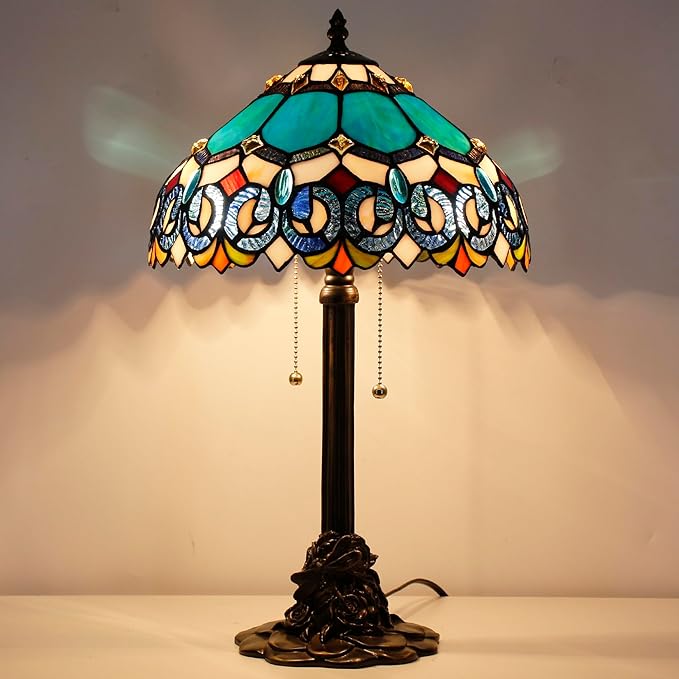 Tiffany Stained Glass Table Lamp 12X12X21Inch Resin Base Desk Bedroom Living Room Reading Light (Blue Jewelry Baroque)