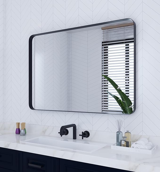 VocalStar Black Metal Framed Bathroom Mirror for Wall, 32 x 40 Inch Large Rounded Rectangle Matte Black Bathroom Vanity Mirror Farmhouse, 1/4-inch Shatterproof Glass | Ultra-Flush Hanging