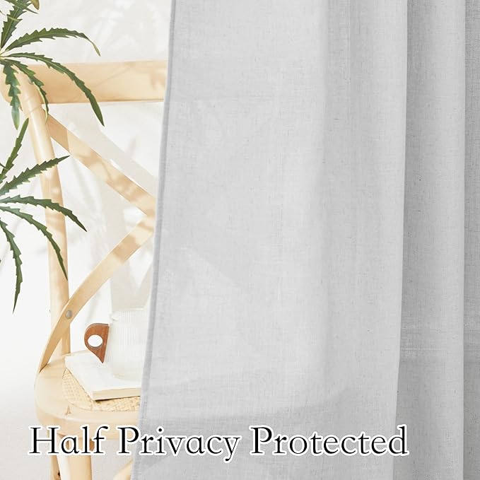 RYB HOME Linen Sheer Curtains - Half Privacy Textured Semi Sheer Curtains Light Airy Drapes for Kids Nursery Dining, Dove Grey, W 52 x L 63 inch, 2 Panels