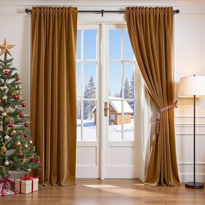 Lazzzy Velvet Blackout Curtains Thermal Insulated Room Window Drapes Super Soft Luxury Curtains for Living Room Bedroom Rod Pocket 2 Panels, Gold Brown, 62" W x 108" L