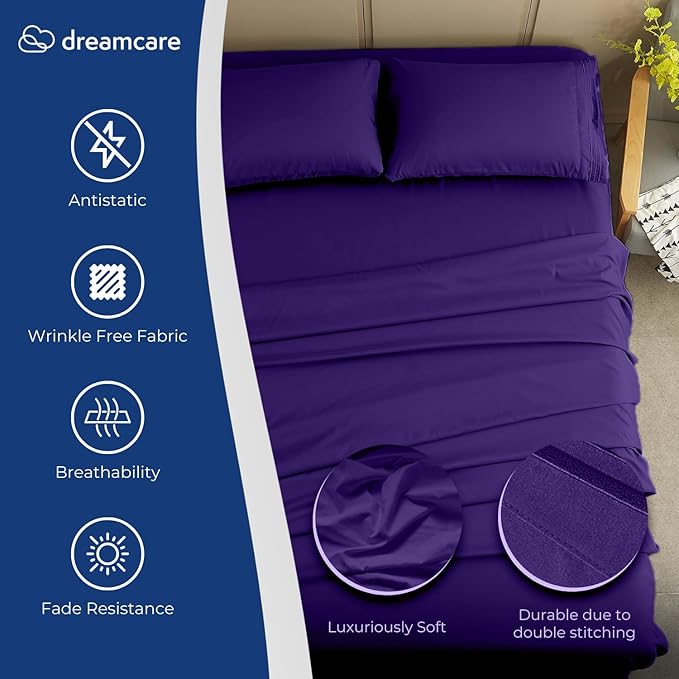 DREAMCARE California King Sheet Sets - Cooling Bed Sheets - 4pcs Set - up to 15" Deep Pocket Cal King Sheets - California King Sheets - Soft & Lasting 100% Brushed Polyester with Side Pocket - Purple