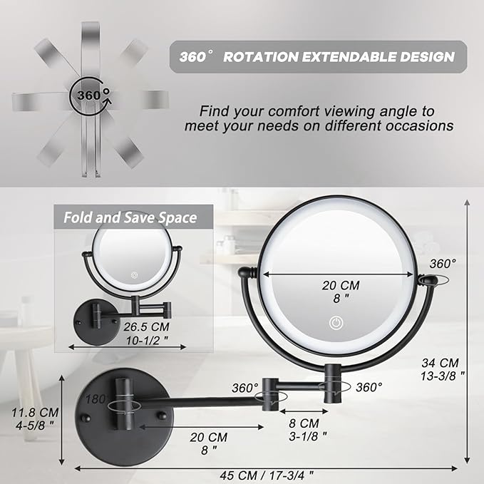 Wall Mounted Makeup Mirror with 3 Color Lights Stepless Dimming, 8" 1X/10X Magnifying LED Two Sided Touch Sensor Extendable Arm 360 Swivel Shaving Light Up Mirror Hardwired for Bathroom, Matte Black