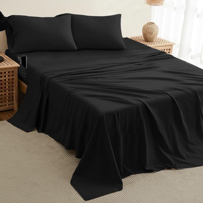 DREAMCARE Queen Size Sheets - Cooling Bed Sheets - 4pcs Set - up to 15" Deep Pocket Queen Sheet Set - Sheets Queen Size Bed - Soft & Long Lasting 100% Fine Brushed Polyester with Side Pocket - Black