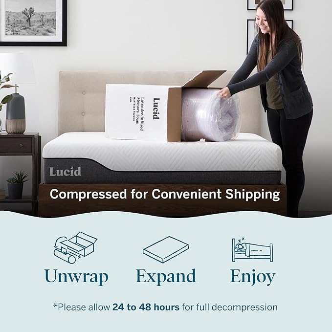 LUCID 4 Inch Lavender Infused Memory Foam Mattress Topper, Twin XL Size – Ventilated Design – Pressure Relieving Bed Topper - Mattress Pad – CertiPur Certified