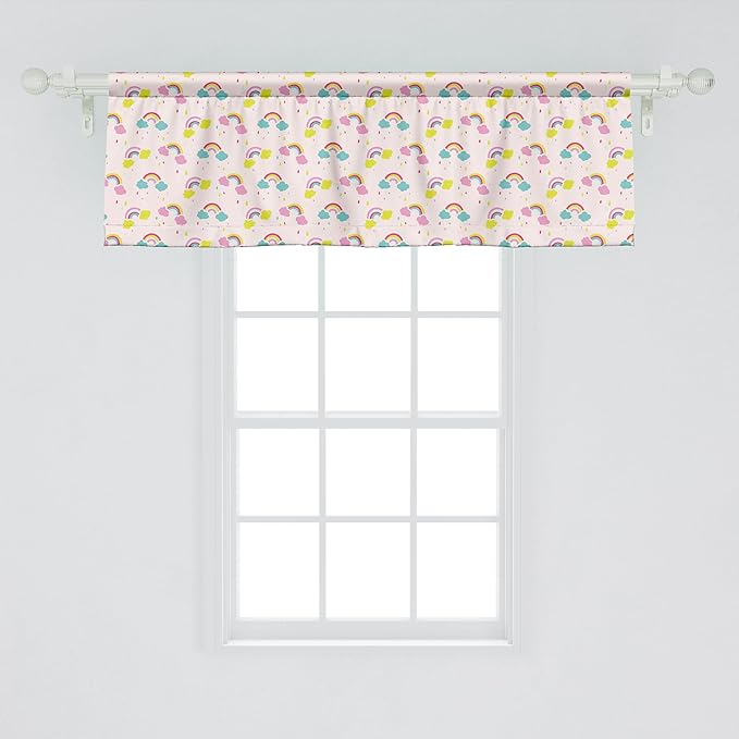 Ambesonne Cartoon Window Valance Pack of 2, Pastel Rainbows Clouds Raindrops Sky Theme, Rod Pocket Curtain Valances for Kitchen Bedroom, 54" X 18", Rose and Multicolor
