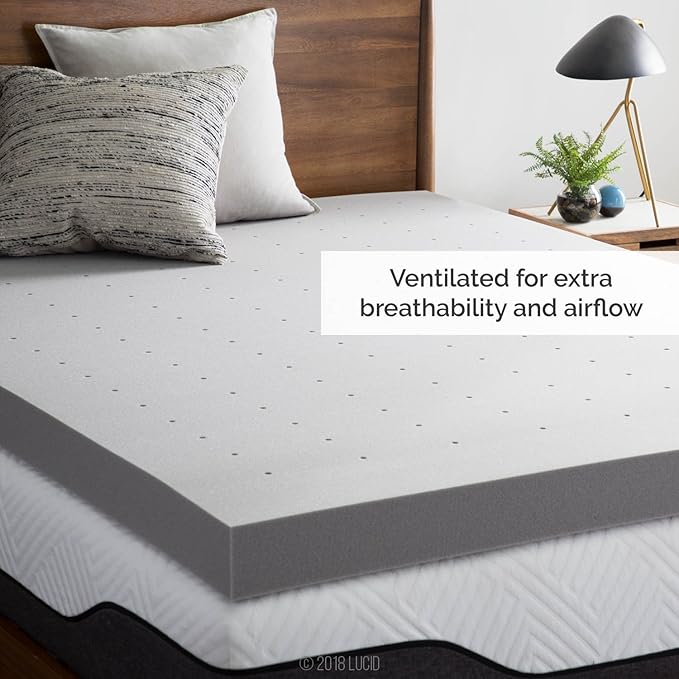 LUCID 4 Inch Bamboo Infused Memory Foam Mattress Topper - Full Size – Cooling Ventilation – Pressure Relieving Bed Topper - Mattress Pad – CertiPur Certified