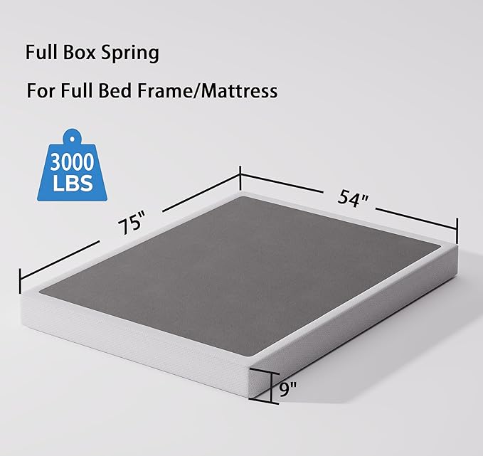 Full Size Box Spring and Cover Set, 9 Inch High Profile Metal BoxSpring, Heavy Duty Structure Mattress Foundation, Noise Free, Non-Slip, Easy Assembly