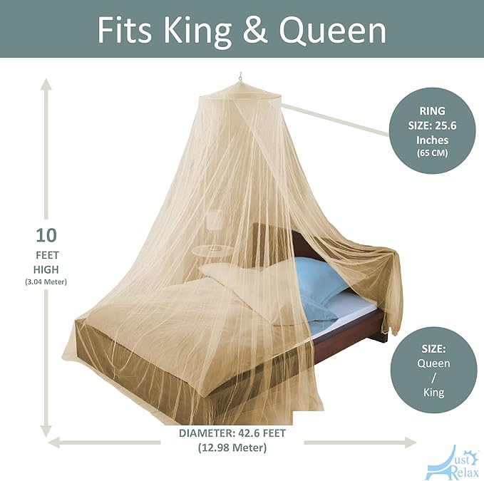 Just Relax Decorative Elegant Bed Net Canopy Set Including Full Hanging Kit, Ideal for Indoors or Outdoors, Intended for a for Covering Beds, Cribs, Hammocks (Beige, Queen/King)