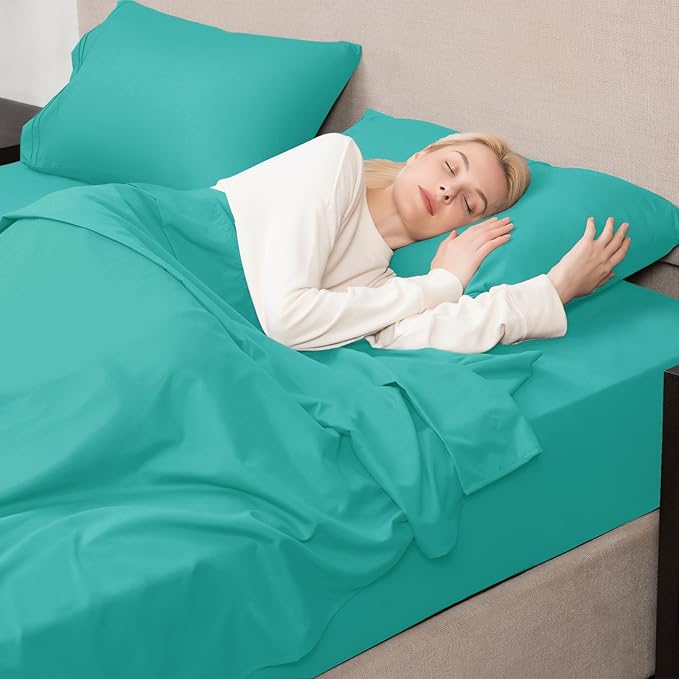 Mejoroom California King 1800 Thread Count Bed Sheets Set, Deep Pocket, Wrinkle & Fade Resistant, Hypoallergenic, 4Pcs Including Fitted & Flat Sheets, Teal