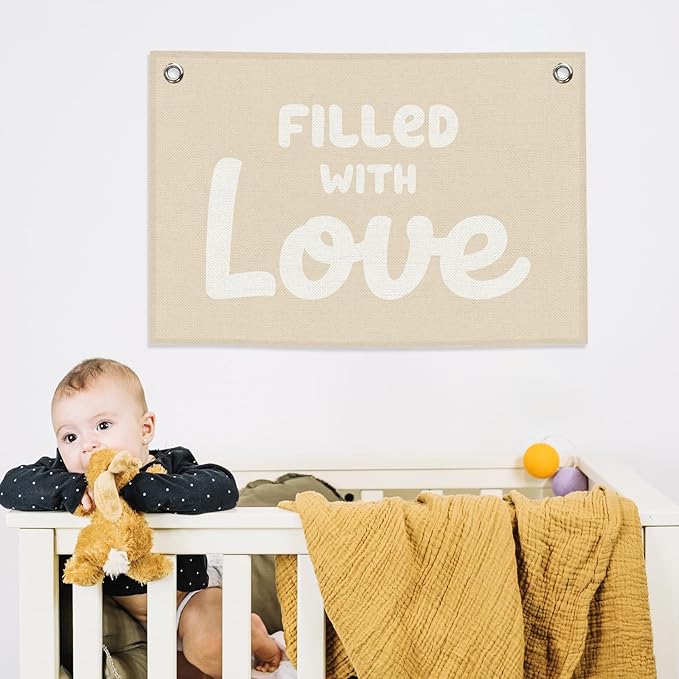 Nursery Kids Banner Canvas, Boho Beige Toddler Room Decor, Filled with Love Hanging Flag Sign, Inspirational Wall Tapestry Art for Baby Shower Classroom Playroom Bedroom Decor 20x30in