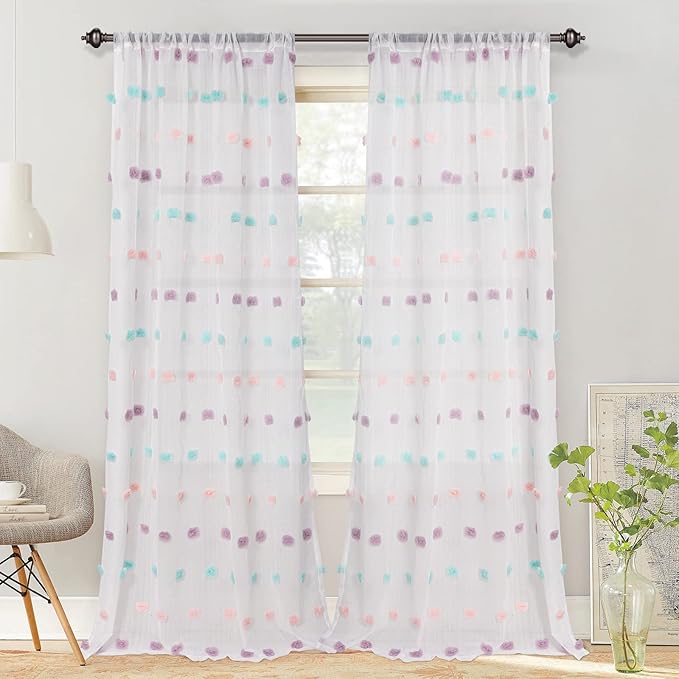 MYSKY HOME 95 Inch Curtains 2 Panels Living Room Rainbow Pom Pom Curtains for Bedroom Sliding Door Semi Sheer Boho Curtains Backdrops Dining Room Windows Drapes Rod Pocket 52 x 95 inch