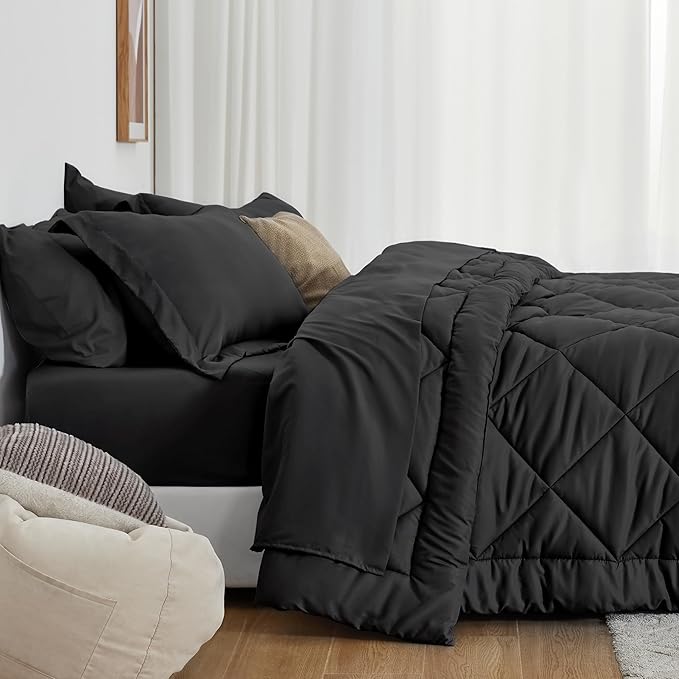 Love's cabin Queen Comforter Set Black, 7 Pieces Queen Bed in a Bag, All Season Bedding Sets with 1 Comforter, 1 Flat Sheet, 1 Fitted Sheet, 2 Pillowcase and 2 Pillow Sham