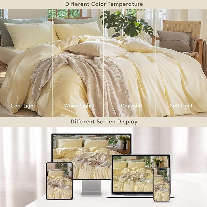 MooMee Bedding Duvet Cover Set 100% Washed Cotton Linen Like Textured Breathable Durable Soft Comfy (Heathered Butter Yellow, Full 80"x90")