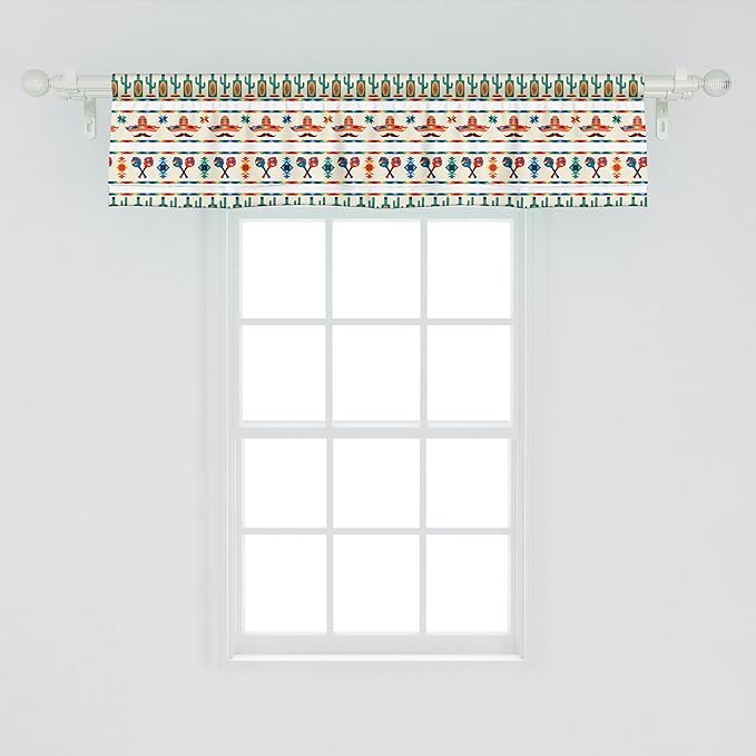 Ambesonne Mexican Window Valance Pack of 2, Latin American Cultural Native Borders Indigenous Saguaro Sombrero Tequila Bottle, Rod Pocket Curtain Valances for Kitchen Bedroom, 42" X 12", Jade Green