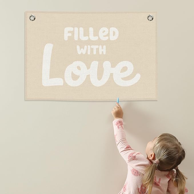 Nursery Kids Banner Canvas, Boho Beige Toddler Room Decor, Filled with Love Hanging Flag Sign, Inspirational Wall Tapestry Art for Baby Shower Classroom Playroom Bedroom Decor 20x30in