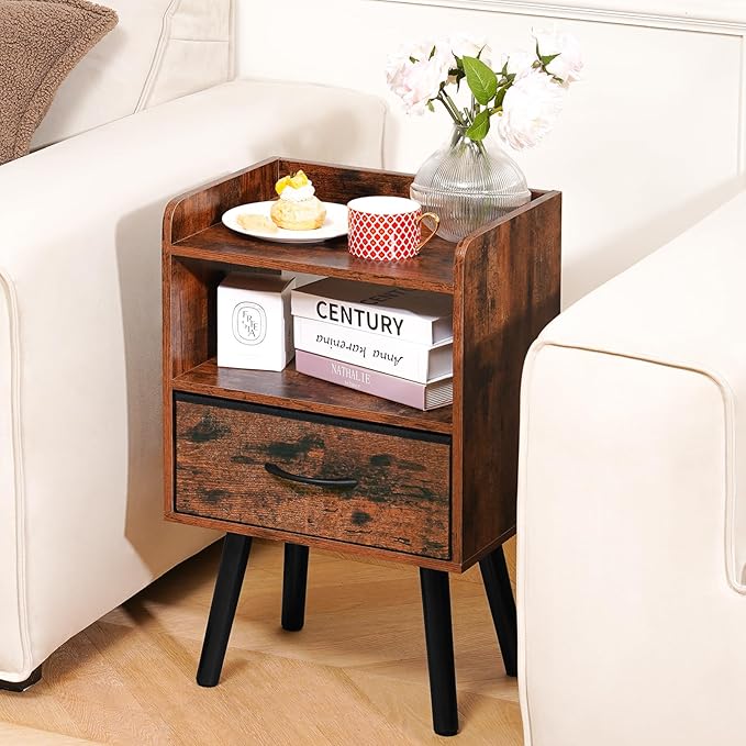 Yoobure Night Stand with Fabric Drawer, Modern Nightstand, Bedside Tables, Mid Century Nightstands with Open Storage Shelf, Wood Bedside Table, Small Night Stands for Bedrooms, 2-Tier Night Table