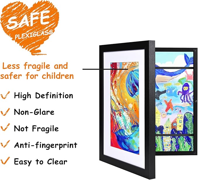 KINLINK 8.5x11 Kids Art Frames Set of 2, Solid Wood Kids Artwork Frames Changeable with Acrylic Front Opening Holds 150 Pictures, Art Frame for Kids Artwork with Mat or without Mat, Black