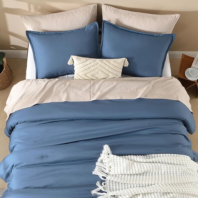 Litanika Haze Blue Comforter Set Queen Size, 3 Pieces Lightweight Solid Bedding Comforter Set, All Season Fluffy Bed Set (90x90In Comforter & 2 Pillowcases)