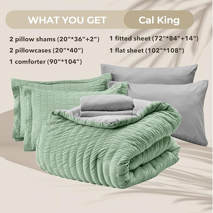 HYMOKEGE Sage Green/Light Grey California King Comforter Set Seersucker 7 Pieces, All Season Luxury Bed in a Bag for Bedroom, Bedding Set with Comforter, Sheets, Pillowcases & Shams