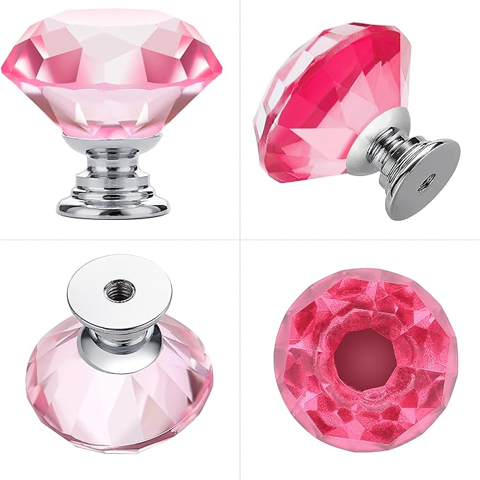 Ravinte 25 Pack Pink Crystal Knobs for Dresser Drawers - 30 mm Glass Cabinet Diamond Shaped Knobs with Silver Base