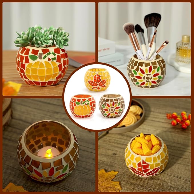 Nefelibata Fall Candle Holder Set of 3 Mosaic Maple Leave Sunflower Tealight Holder Pumpkin Glass Thanksgiving Votive Candle Holder Thanksgiving Party Dinner Table Centerpieces (No Candle Included)