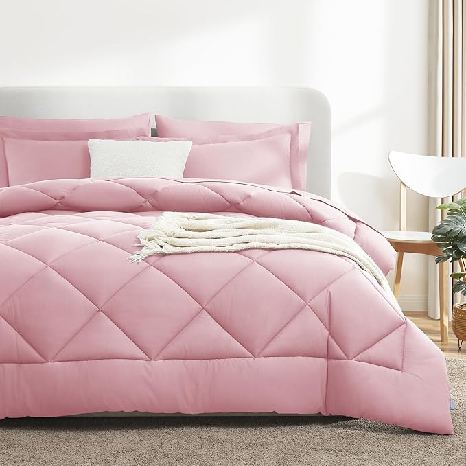 CozyLux Full Size Comforter Sets Pink - 7 Pieces Bed in a Bag Full, Luxury Soft Bed Set for All Seasons, Bedding Set with Down Alternative Comforter, Sheets, Pillowcases & Shams