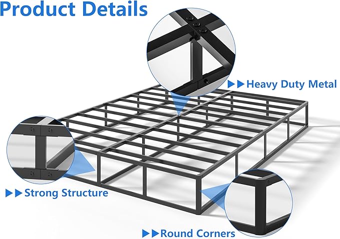 Qingzhou Box Spring Full Size Bed Bases, 9 Inch High Metal Full Size Box Spring Only, Heavy Duty Mattress Foundation with Fabric Cover, Easy Assembly, Quiet Noise Free, Non Slip, Black