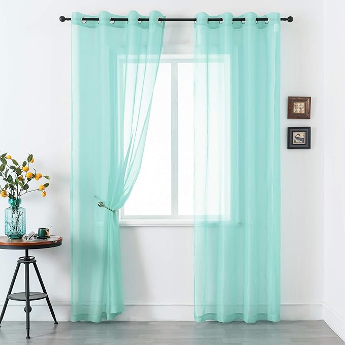 DUALIFE Aqua Window Sheer Curtains 120 Inches Extra Long 2 Panels Grommet Voile Drapes Gauze Semi Sheer Curtains for Living Room Kids Bedroom 52 x 120 Inch Length