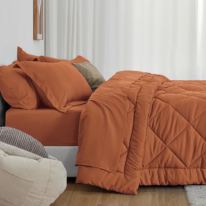 Love's cabin Full Comforter Set Terracotta, 7 Pieces Full Bed in a Bag, All Season Bedding Sets with 1 Comforter, 1 Flat Sheet, 1 Fitted Sheet, 2 Pillowcase and 2 Pillow Sham