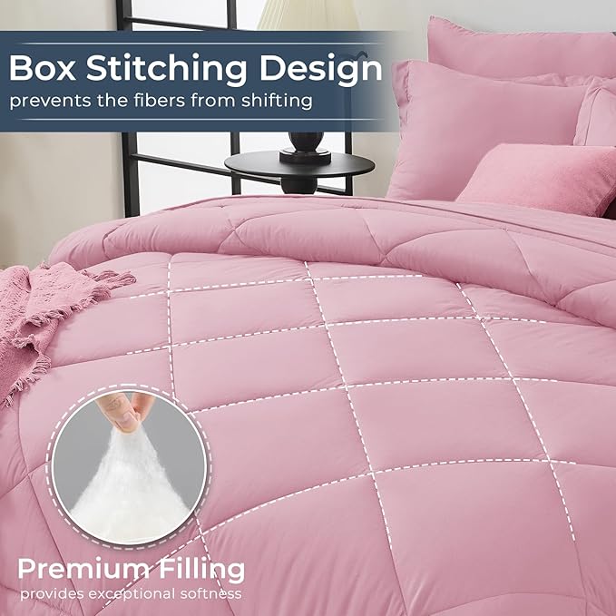 HEVUMYI Pink King Comforter Set - 7-Piece All Season Bed in a Bag King, Ultra Soft Bedding Set with Comforter, Flat Sheet, Fitted Sheet, Pillowcases, Pillow Shams, Pink