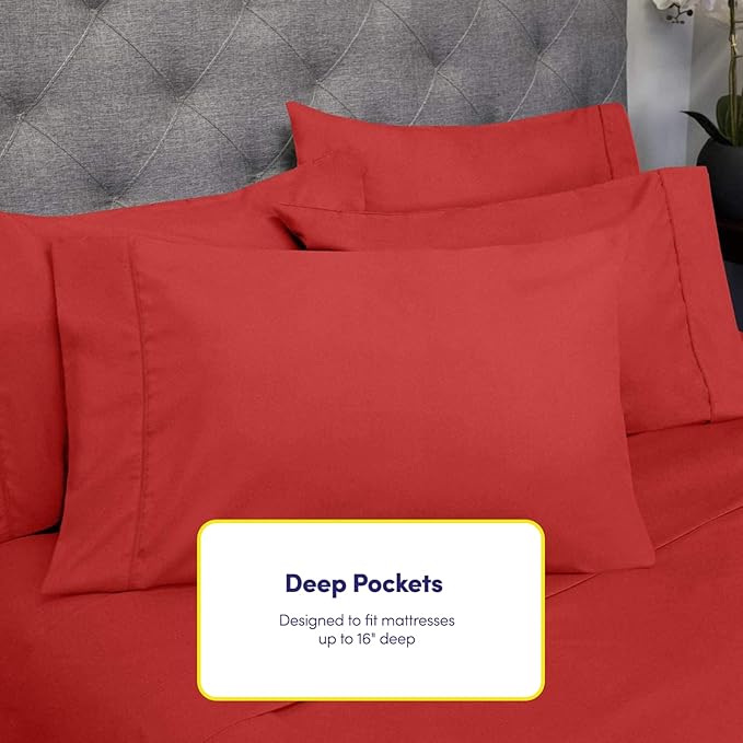 Cal King Size Bed Sheets - 6 Piece 1500 Supreme Collection Fine Brushed Microfiber Deep Pocket California King Sheet Set Bedding - 2 Extra Pillow Cases, Great Value, California King, Samba Red