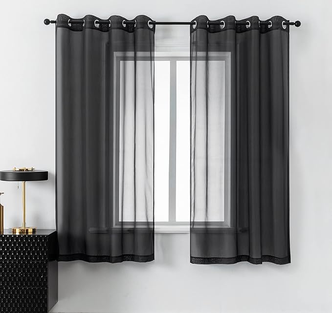 DUALIFE Black Sheer Curtains 45 Inch Length for Basement Windows Set of 2 Panels Grommet Semi Translucent Short Curtains for Small Windows Kitchen Bedroom Bathroom 52x45 Inches Long