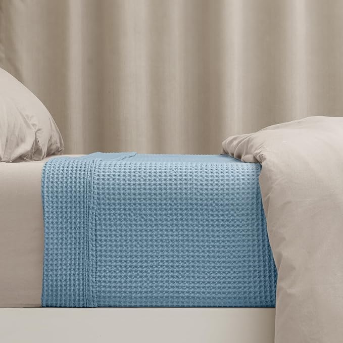 PHF 100% Cotton Waffle Weave Blanket Queen Size for Bed,Snag Proof Lightweight Breathable Moisture-Wicking Throw for Couch,Great for Layering in Cold Weather, Home Decor Gift-Dusty Blue