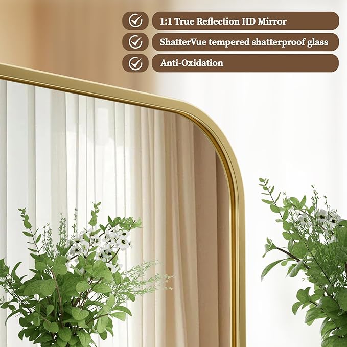 BEAUTYPEAK 24" x 36" Rectangular Aluminum Alloy Frame Wall Mounted Bathroom Mirror with Rounded Corners, Gold