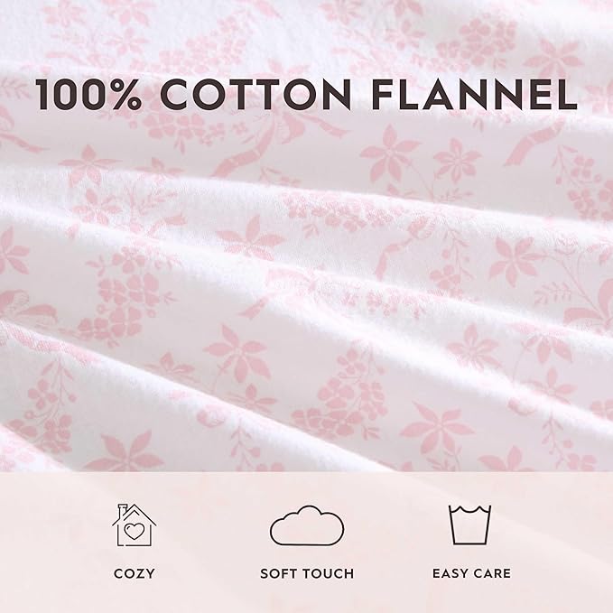 Laura Ashley - Flannel Sheets Twin Size, Anti-Pilling & Wrinkle Resistant Cotton, Touchably Soft for All-Season Comfort - Bed Sheets with Matching Pillowcase & Fitted Sheet (Antoinette Pink)