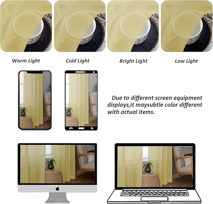 Chyhomenyc Yellow Sheer Curtains 36 inch Length 2 Panels, Light Filtering Voile Rod Pocket Short Window Curtians for Bathroom Living Room Farmhouse Small Windows, 42Wx36L inches