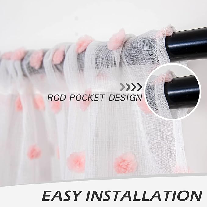 MYSKY HOME Short Pink Pom Pom Sheer Curtains - 54 Inch Long, 52" x 54", Rod Pocket, 2 Panels, Small Window, Kitchen, Bathroom, Nursery, Boys, Kids Room