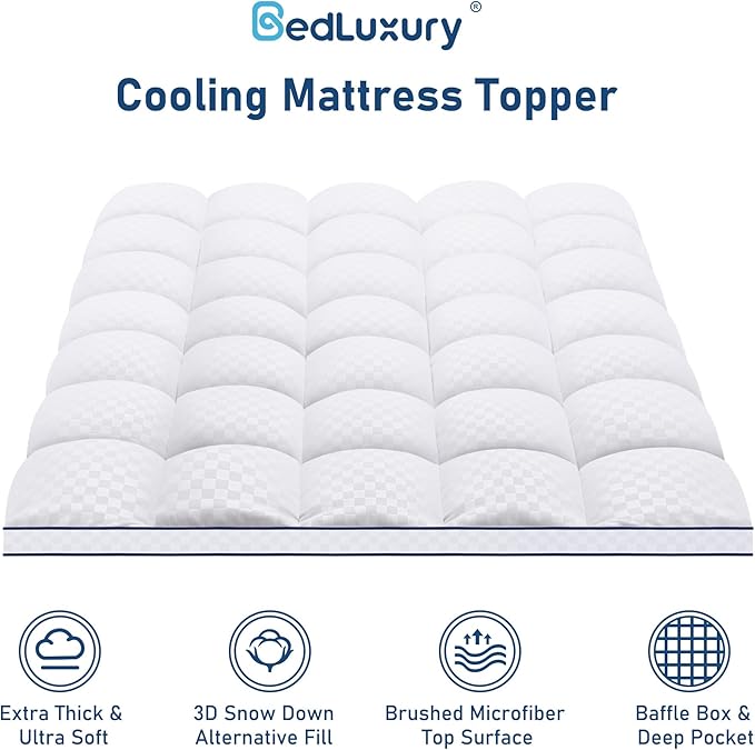 Twin XL Mattress Topper Extra Thick Pillowtop Cooling Plush Mattress Pad Cover Protector with 8-21 Inch Deep Pocket 3D Snow Down Alternative Fill White