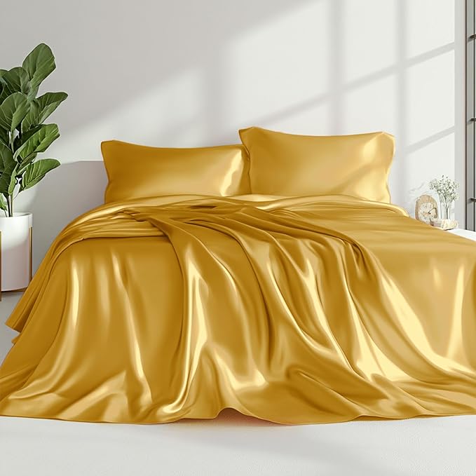 Love's cabin Satin Queen Sheets Set - 4 Piece Gold Silky Bed Sheets with Deep Pocket, Luxury Silk Feel Satin Queen Size Sheet Set (1 Flat Sheet,1 Fitted Sheet,2 Pillow Cases)