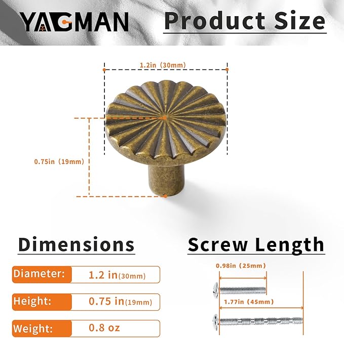 20 Pack Kitchen Cabinet Knobs Round Sunflower Dresser Knob Modern Drawer Hardware Cupboard Handles Furniture Knob for Bathroom Single Hole Knobs for Wardrobe Antique Brass TYH-AB-K20