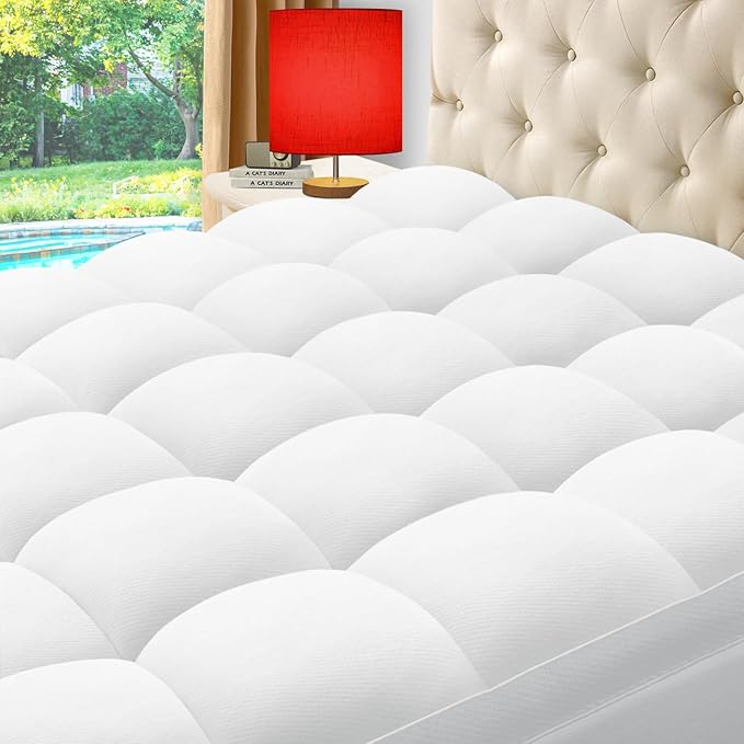 ELEMUSE King Cooling Bamboo Viscose Mattress Topper for Back Pain, Extra Thick Mattress Pad Cover, Plush Soft Pillowtop with Elastic Deep Pocket, Overfilled Down Alternative Filling