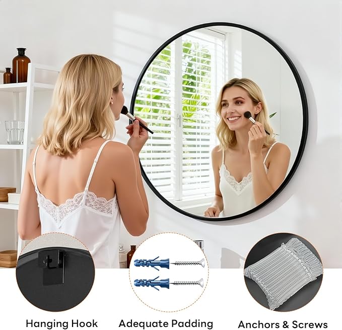 Sweetcrispy Round Bathroom Mirror 24 Inch Black Metal Framed Wall Mounted Circle Vanity Mirror for Bathroom, Bedroom, Living Room, Entryway, Anti-Rust, Modern Decorative, Hanging or Leaning