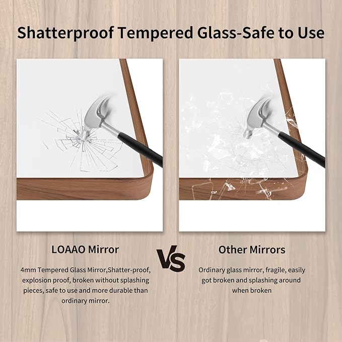 LOAAO 30X36 Inch Bathroom Mirror with Wood Grain Colored Metal Frame, Rounded Rectangle Metal Framed Bathroom Mirror, Anti-Rust, Hangs Horizontally or Vertically, Tempered Glass