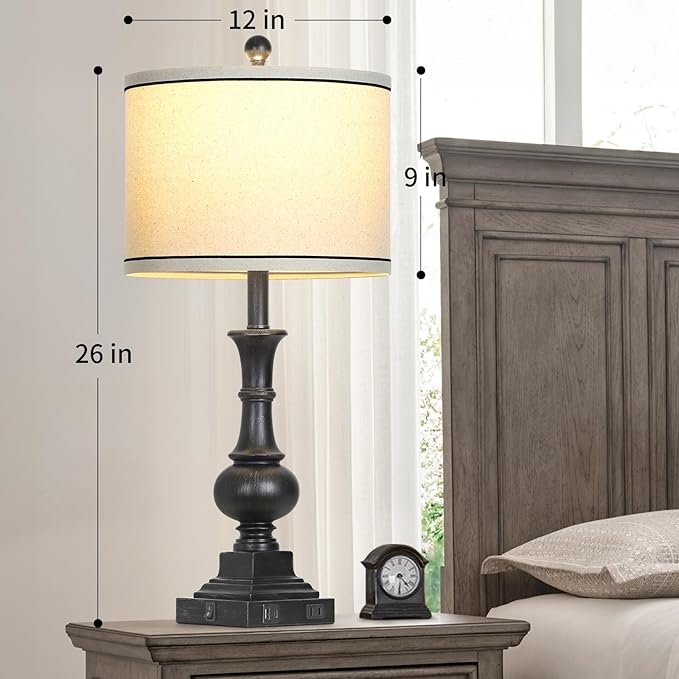 Farmhouse Lamps Set of 2, Antique Vintage Rustic Touch Control Table Lamps with USB A+C Ports & AC Outlet, Retro Classic Bedside Nightstand Lamp for Living Room Bedroom Office Black