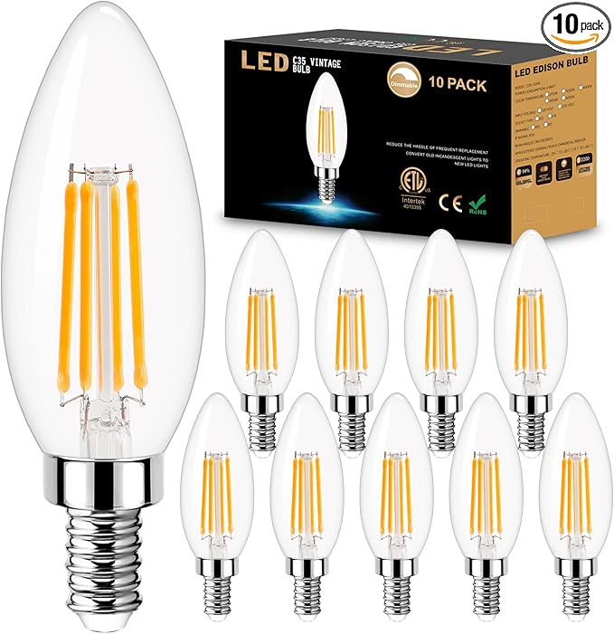 Dimmable Candelabra LED Light Bulb 40W Equivalent, E12 Chandelier Light Bulbs Warm White 3000K , 400LM, CRI 85+, B11 Type B Ceiling Fan Bulb 4W, Clear Filament Candle Light Bulbs Small Base, 10 Pack