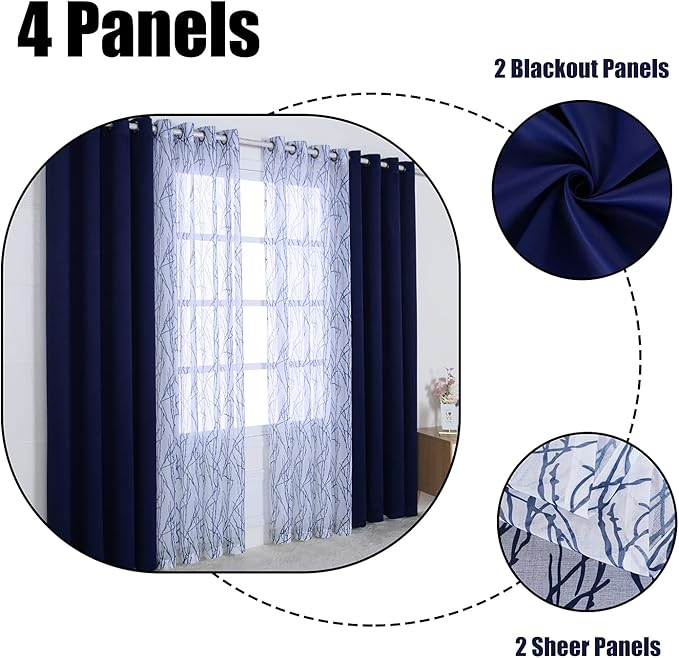 BONZER Mix and Match Curtains - 2 Pieces Branch Print Sheer Curtains and 2 Pieces Blackout Curtains for Bedroom Living Room Grommet Window Drapes, 54x84 Inch/Panel, Indigo, Set of 4 Panels