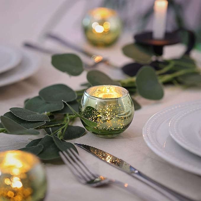 LAMORGIFT 12 PCS Green Votive Candle Holders- Mercury Glass Candle Holders for Sage Green Wedding Decor, Green Tea Light Candle Holders for Vintage Wedding, Engagement, Rehearsal Dinner Table Decor