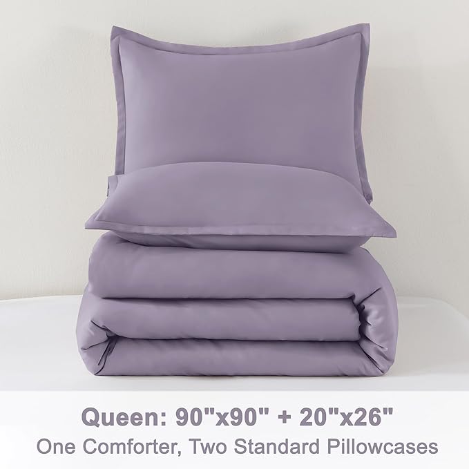 Litanika Grayish Lavender Purple Comforter Set Queen Size, 3 Pieces Lightweight Solid Bedding Comforter Set, All Season Fluffy Bed Set (90x90In Comforter & 2 Pillowcases)