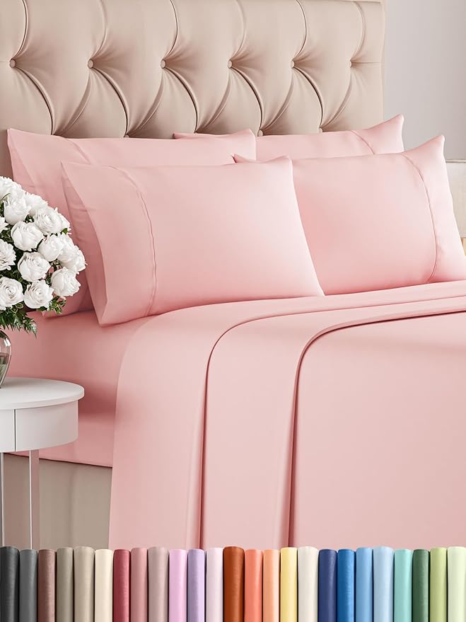 Full 6 Piece Sheet Set - Comfy Breathable & Cooling - Ultra-Soft Hotel Luxury Bedding Set with 8-16 Inch Deep Pockets - 1 Flat & 1 Fitted Sheet & 4 Pillowcases - Wrinkle Free & Easy Care - Baby Pink